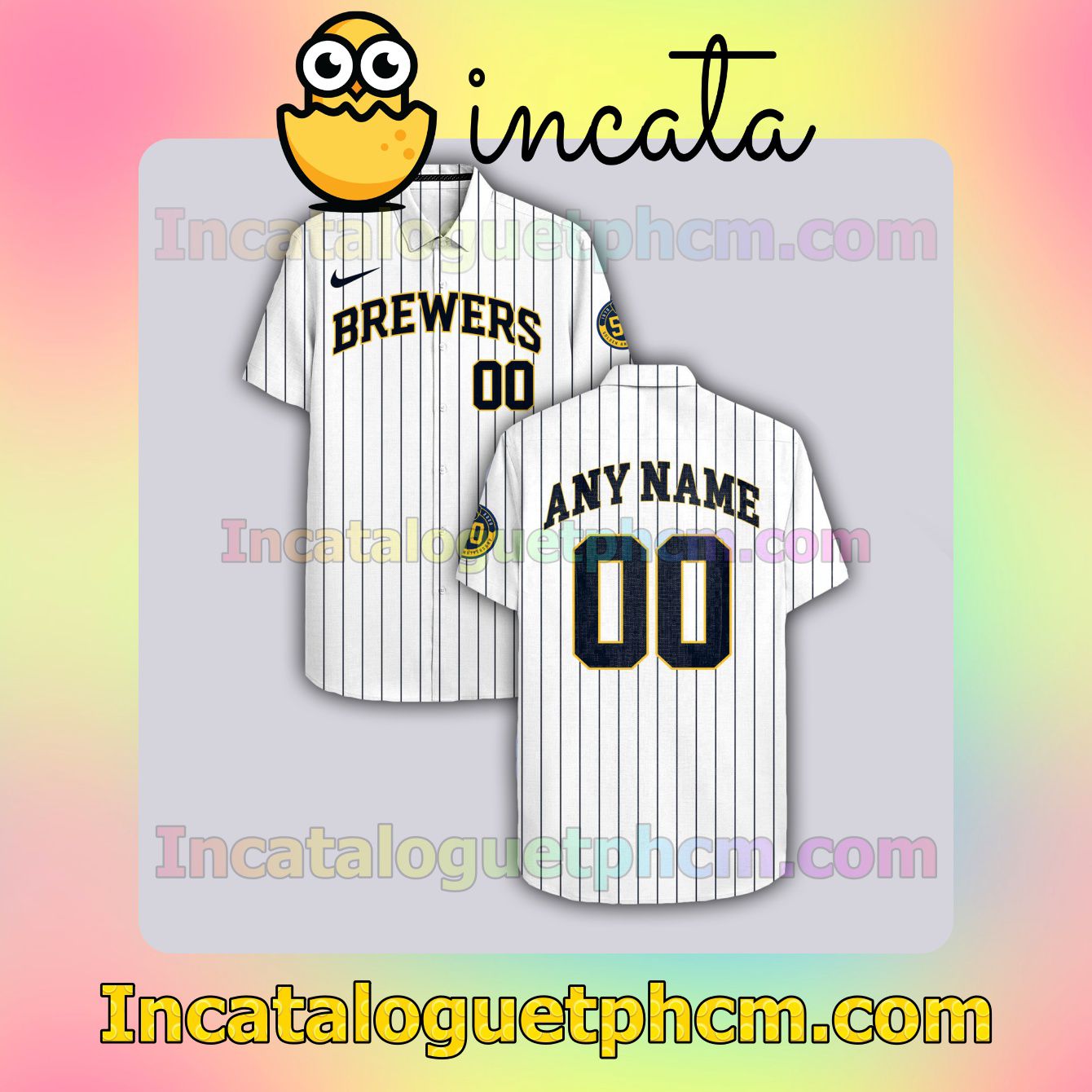 Personalized Milwaukee Brewers White Logo Branded Button Shirt And Swim Trunk