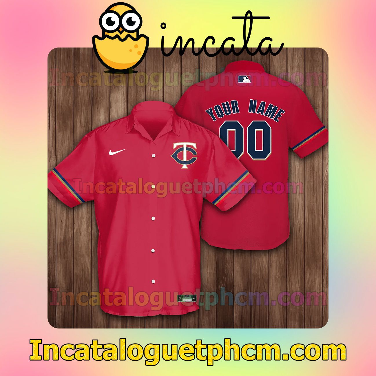 Personalized Minnesota Twins Baseball Red Button Shirt And Swim Trunk