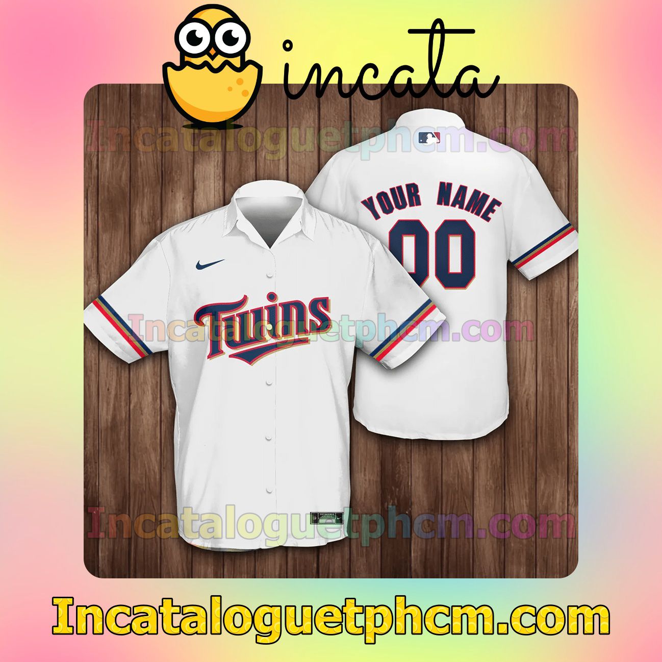 Personalized Minnesota Twins Baseball White Button Shirt And Swim Trunk