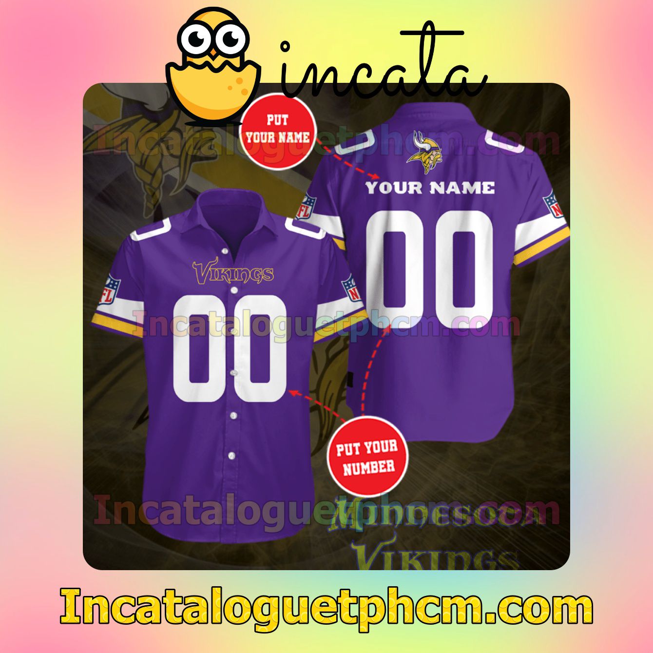 Personalized Minnesota Vikings Football Team Purple Button Shirt And Swim Trunk