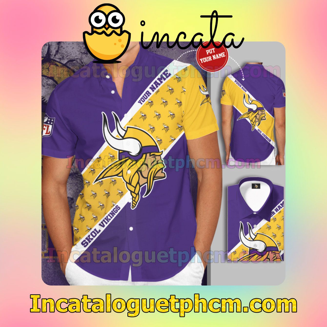 Personalized Minnesota Vikings Logo Skol Vikings Purple Yellow Button Shirt And Swim Trunk