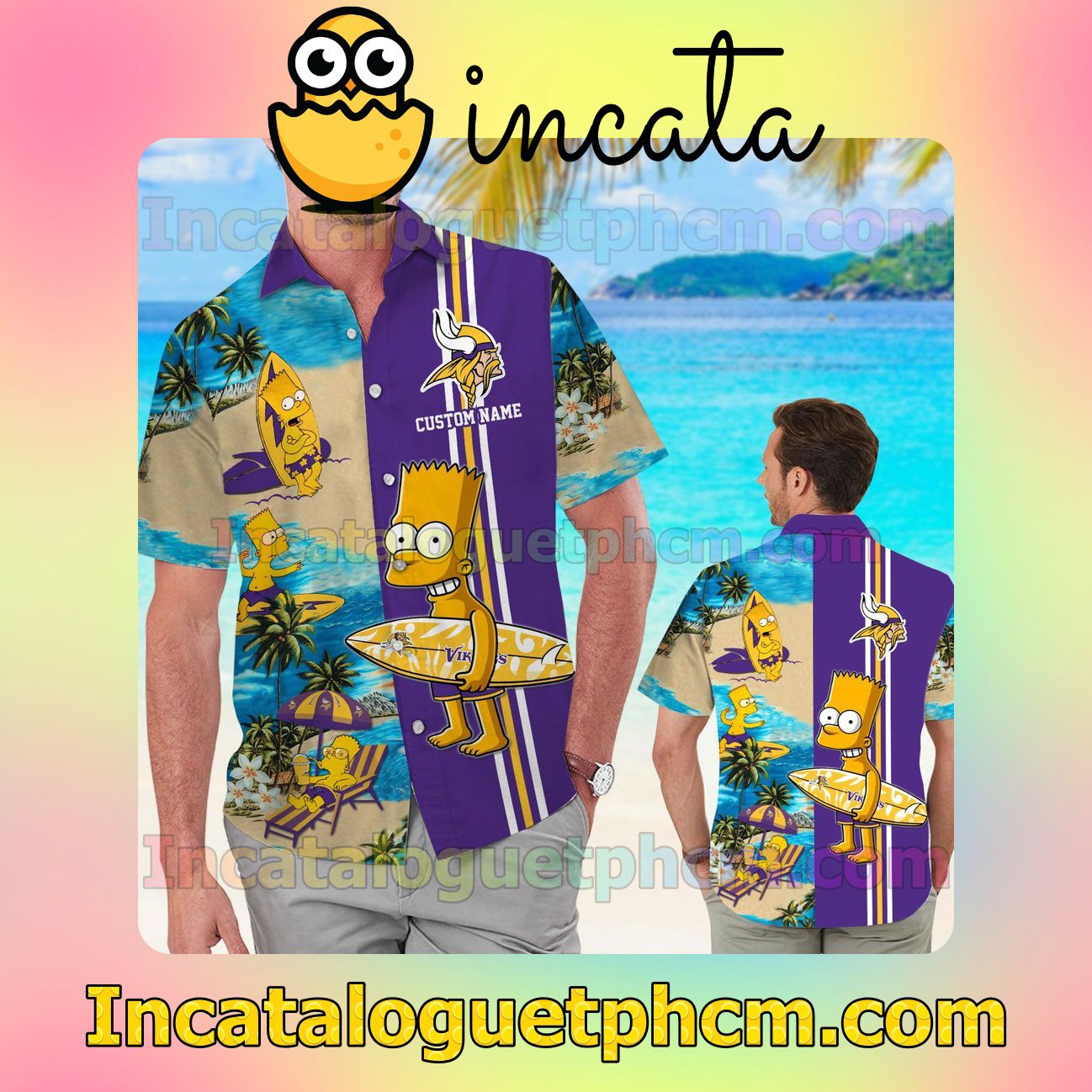 Personalized Minnesota Vikings Simpsons Beach Vacation Shirt, Swim Shorts