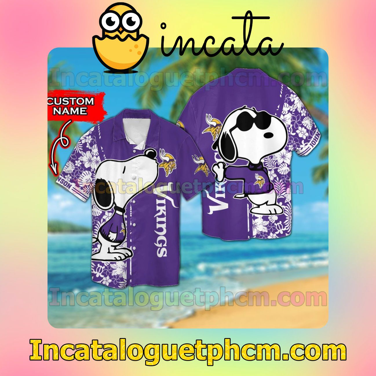 Personalized Minnesota Vikings & Snoopy Beach Vacation Shirt, Swim Shorts