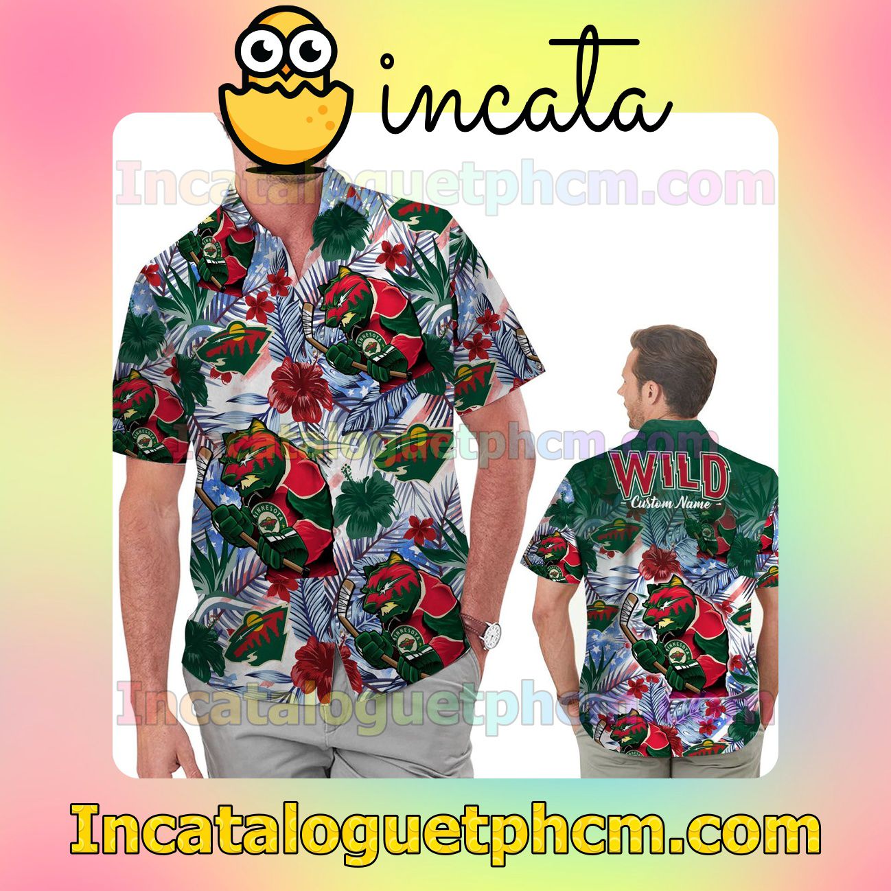 Personalized Minnesota Wild Tropical Floral America Flag Beach Vacation Shirt, Swim Shorts