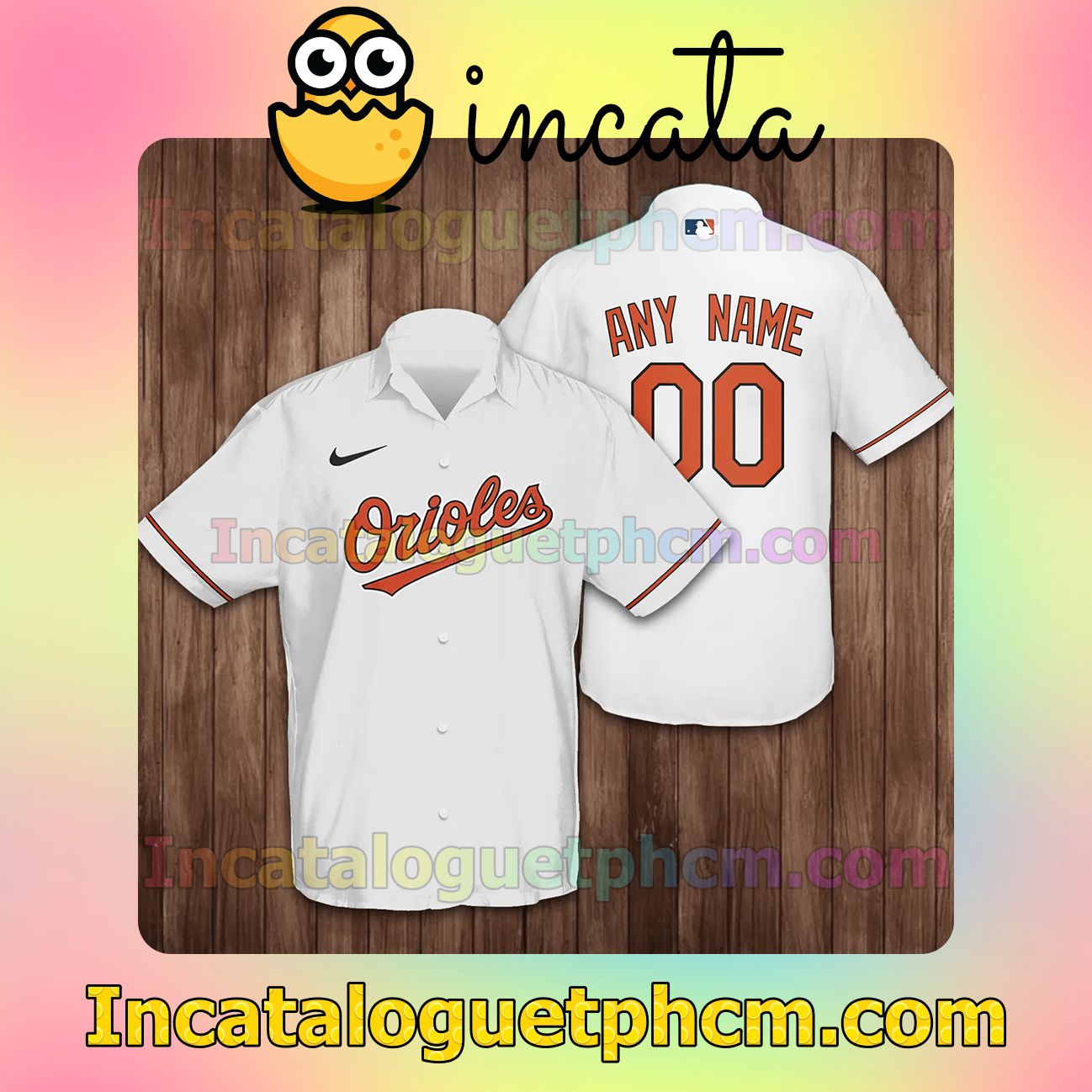 Personalized Name And Number Baltimore Orioles Baseball White Button Shirt And Swim Trunk