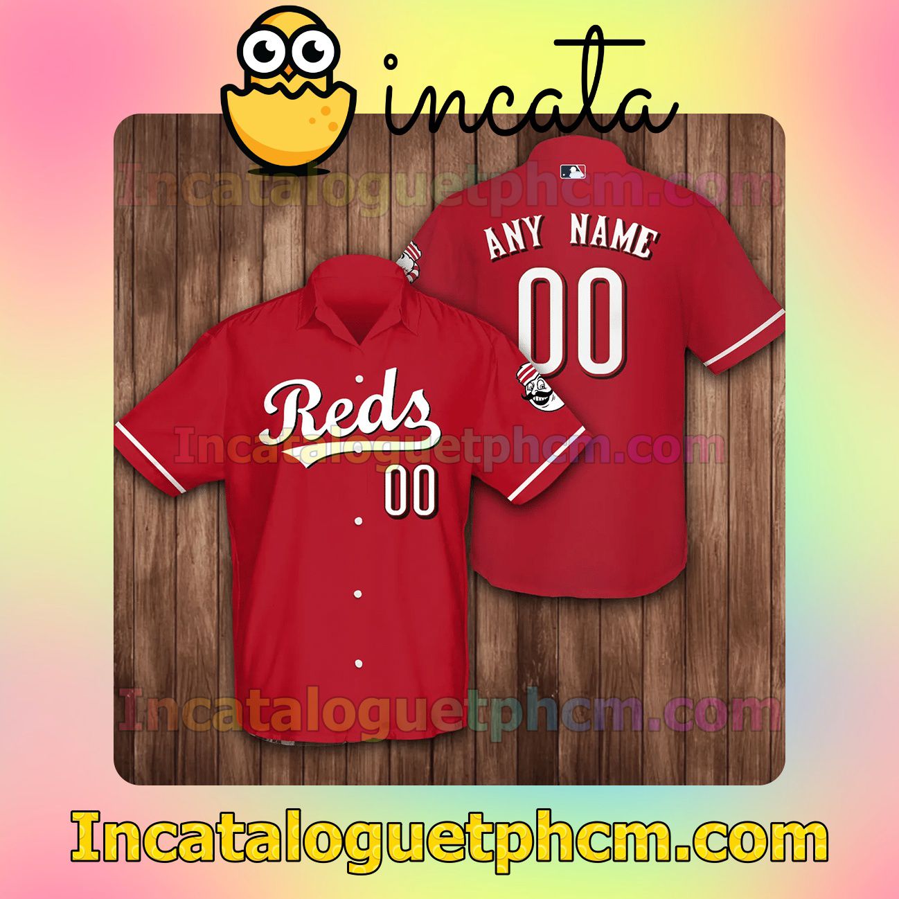 Personalized Name And Number Cincinnati Reds Baseball Red Button Shirt And Swim Trunk