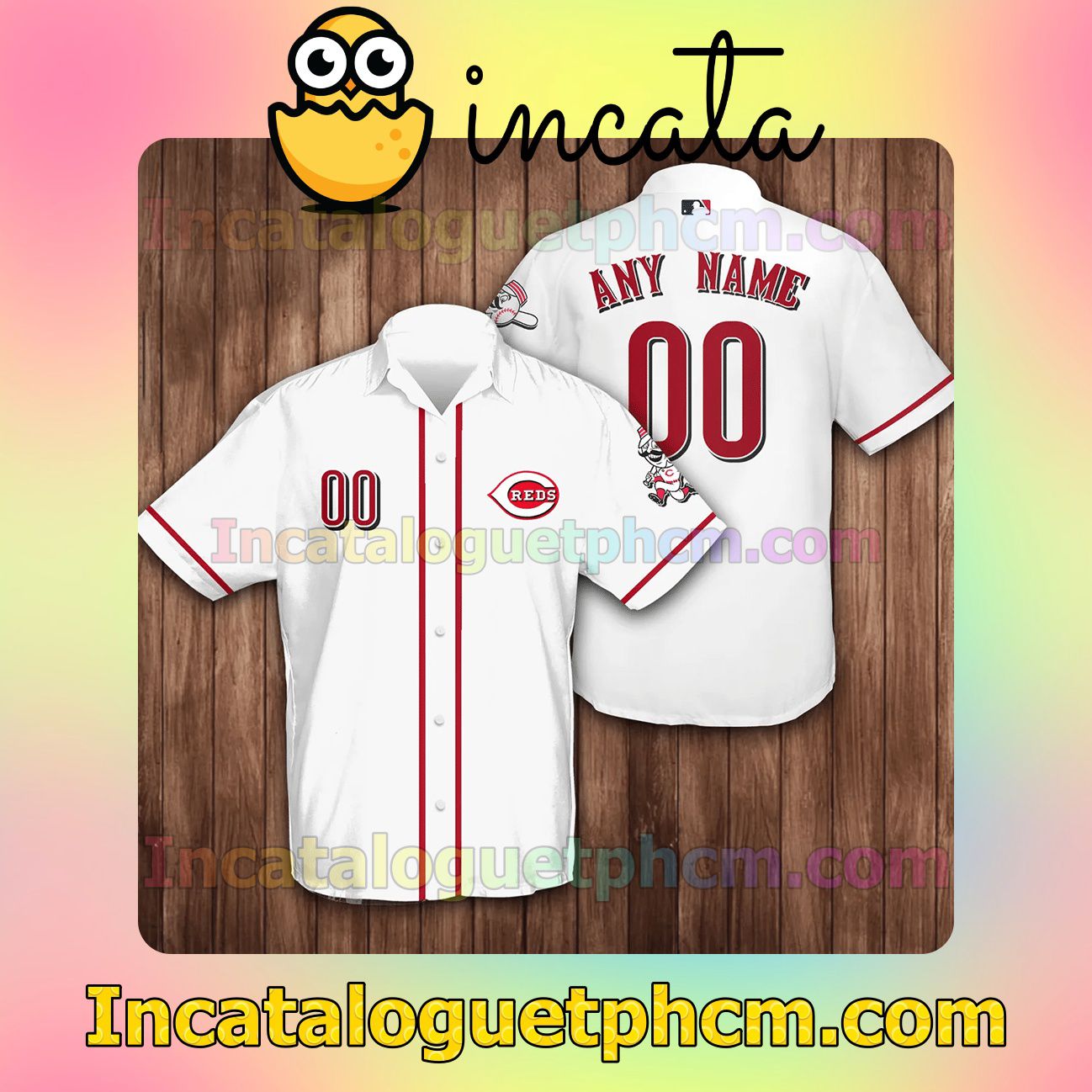 Personalized Name And Number Cincinnati Reds Baseball White Button Shirt And Swim Trunk