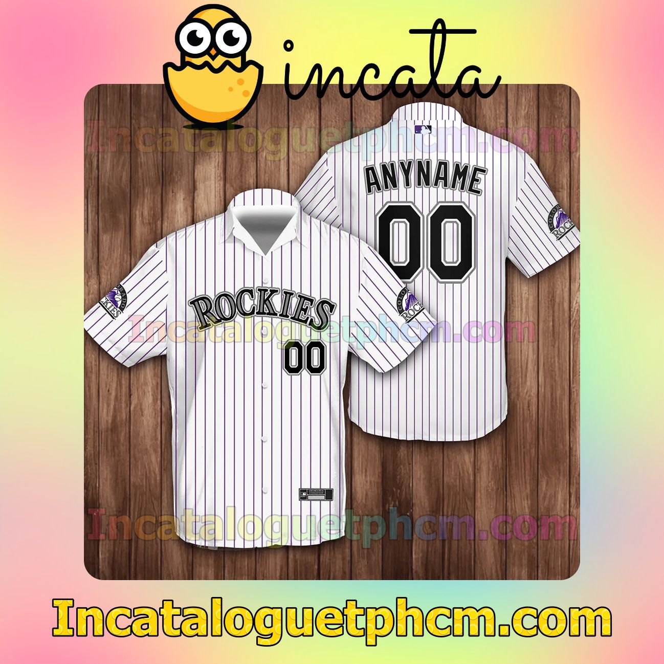Personalized Name And Number Colorado Rockies Baseball Pinstripe Baseball White Button Shirt And Swim Trunk