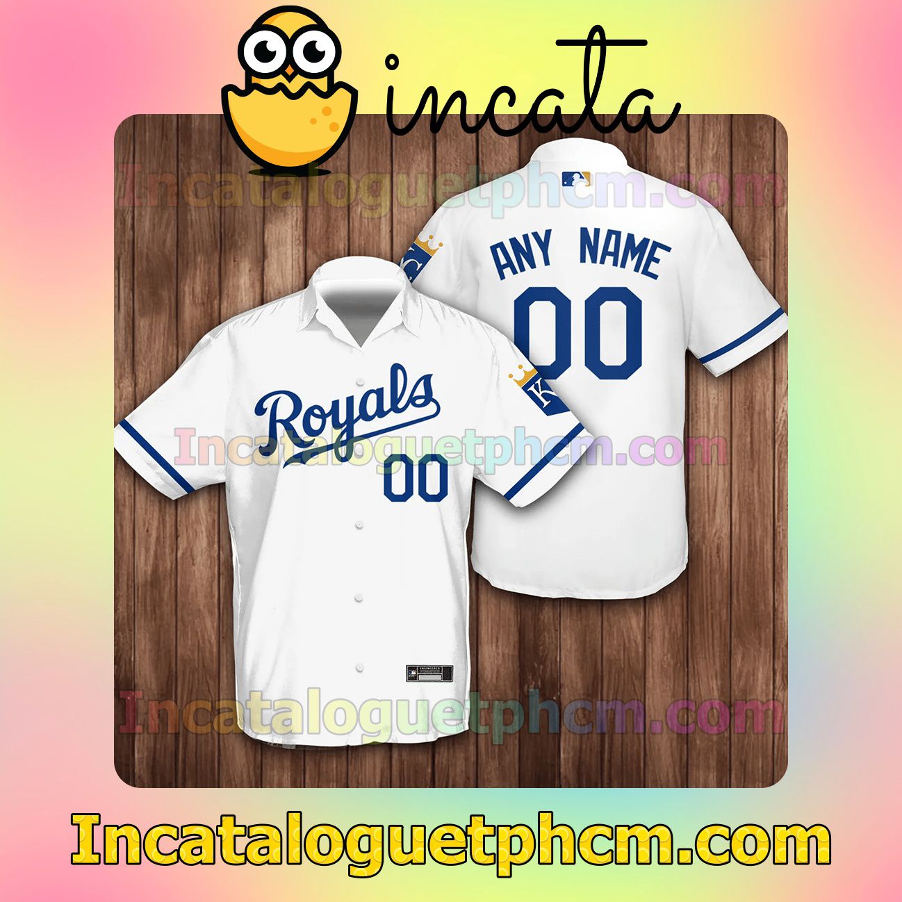 Personalized Name And Number Kansas City Royals Baseball White Button Shirt And Swim Trunk