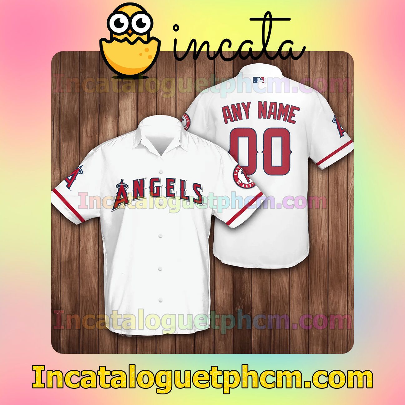 Personalized Name And Number Los Angeles Angels Baseball White Button Shirt And Swim Trunk