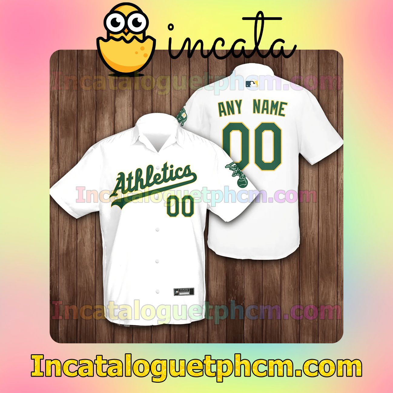Personalized Name And Number Oakland Athletics Baseball White Button Shirt And Swim Trunk