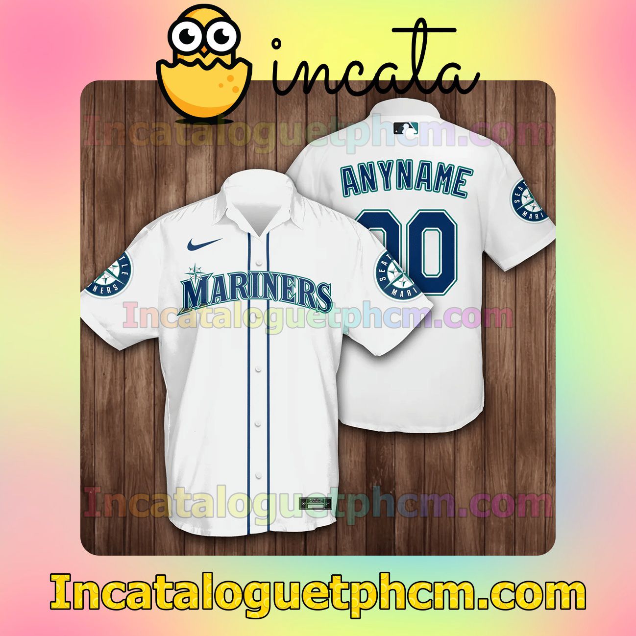 Personalized Name And Number Seattle Mariners Baseball White Button Shirt And Swim Trunk