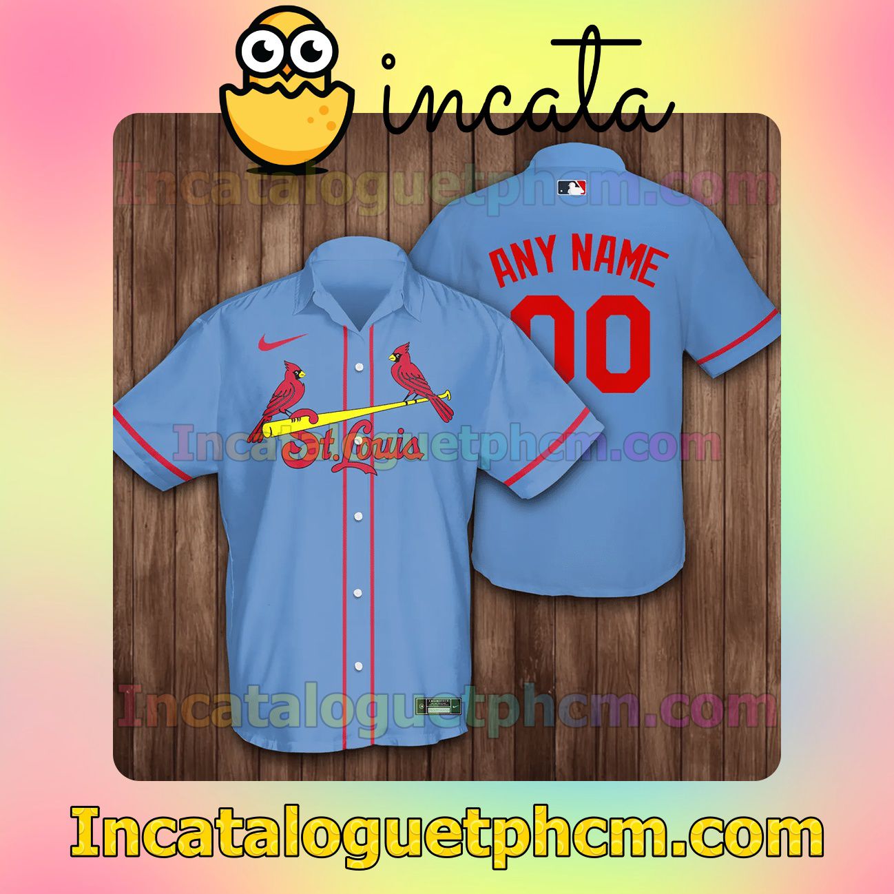 Personalized Name And Number St. Louis Cardinals Baseball Blue Button Shirt And Swim Trunk