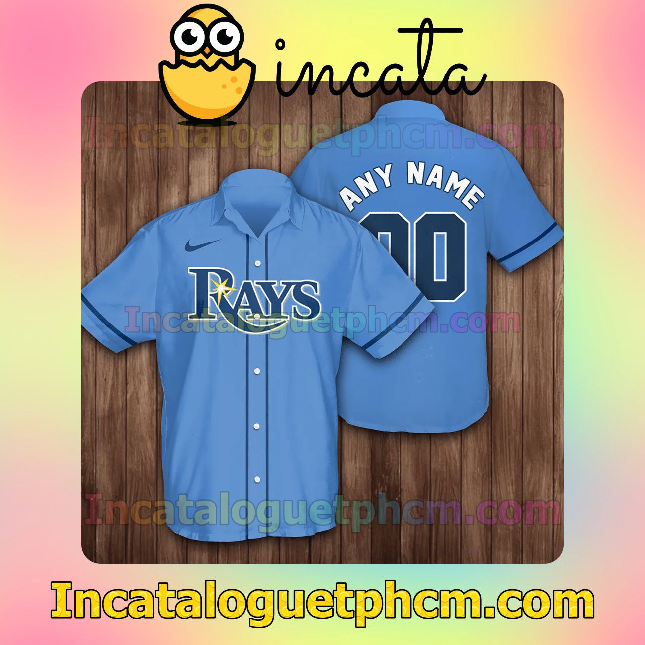 Personalized Name And Number Tampa Bay Rays Baseball Blue Button Shirt And Swim Trunk