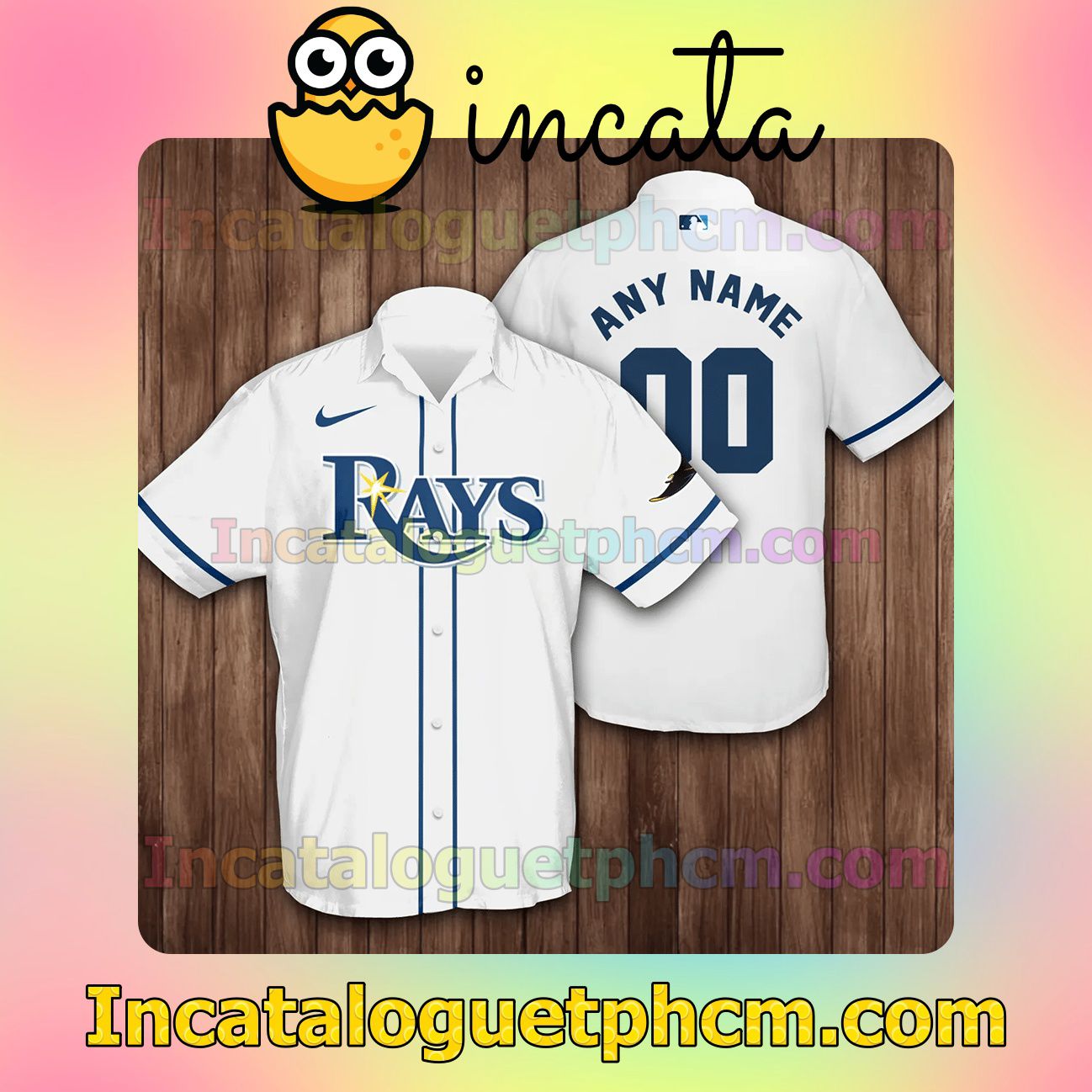Personalized Name And Number Tampa Bay Rays Baseball White Button Shirt And Swim Trunk