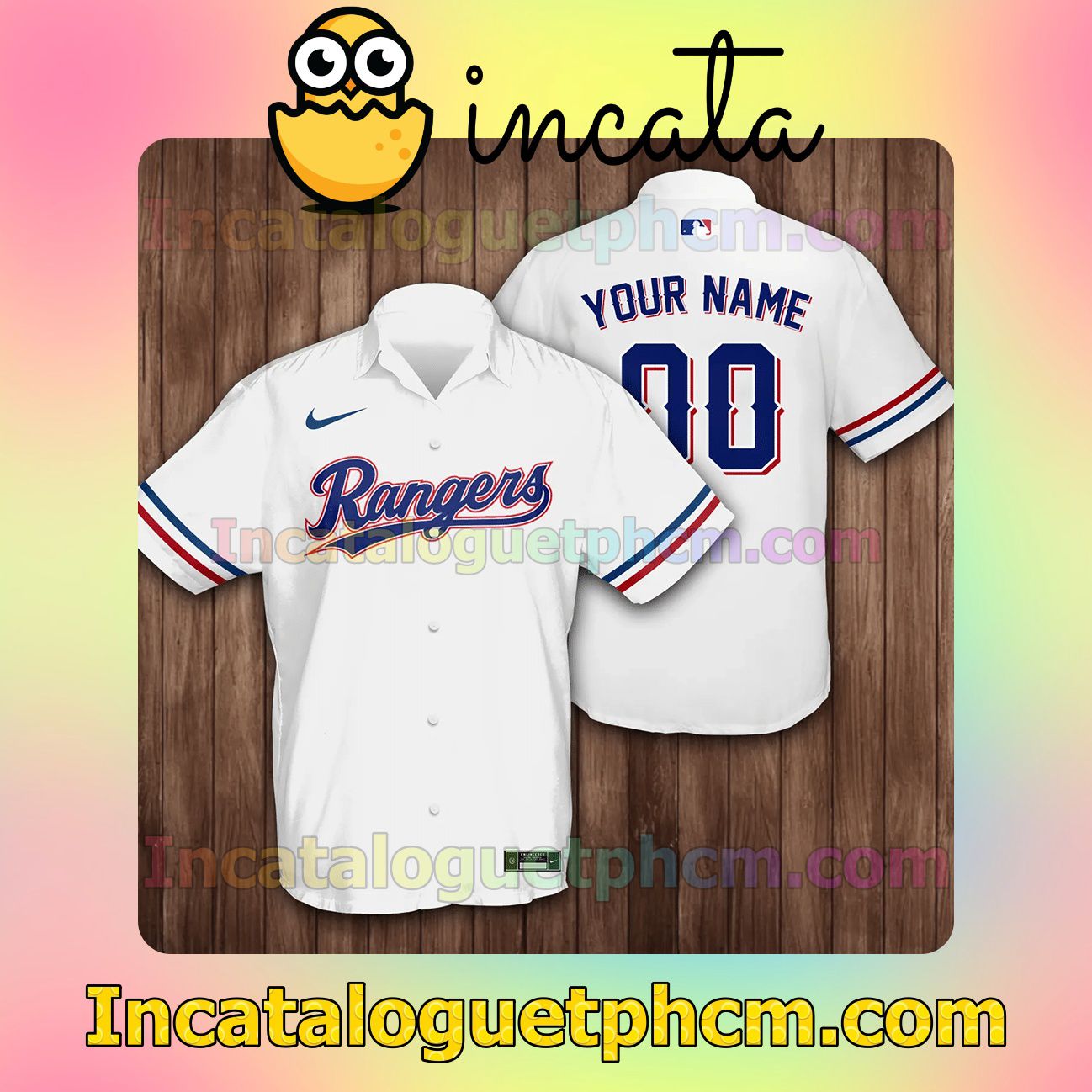 Personalized Name And Number Texas Rangers Baseball White Button Shirt And Swim Trunk