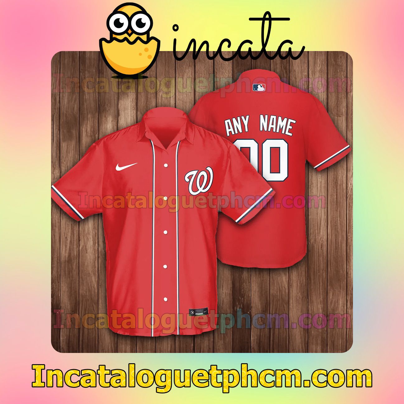 Personalized Name And Number Washington Nationals Baseball Red Button Shirt And Swim Trunk