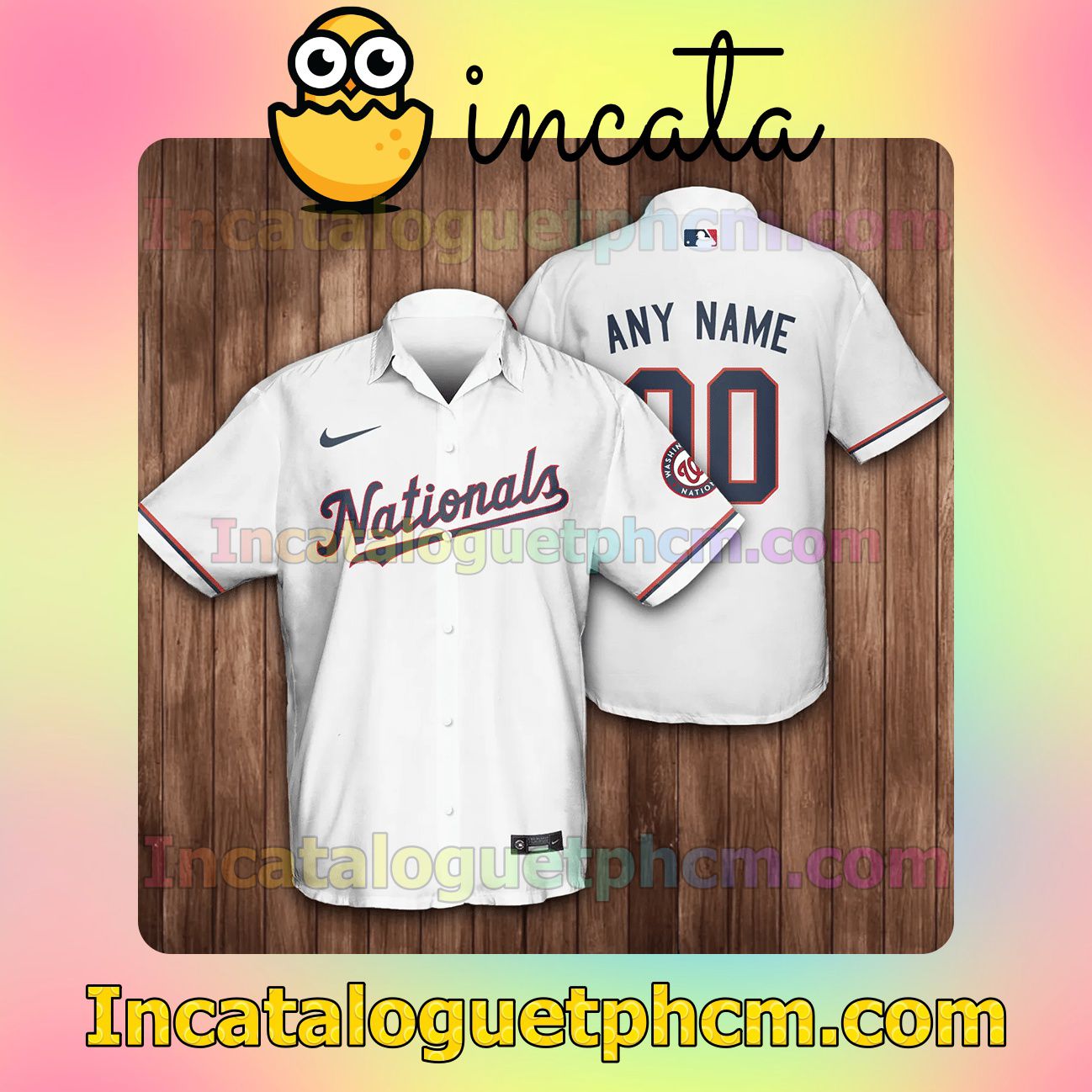 Personalized Name And Number Washington Nationals Baseball White Button Shirt And Swim Trunk