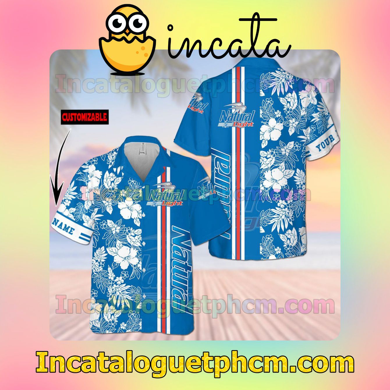 Personalized Narutal Light Flowery Blue Button Shirt And Swim Trunk
