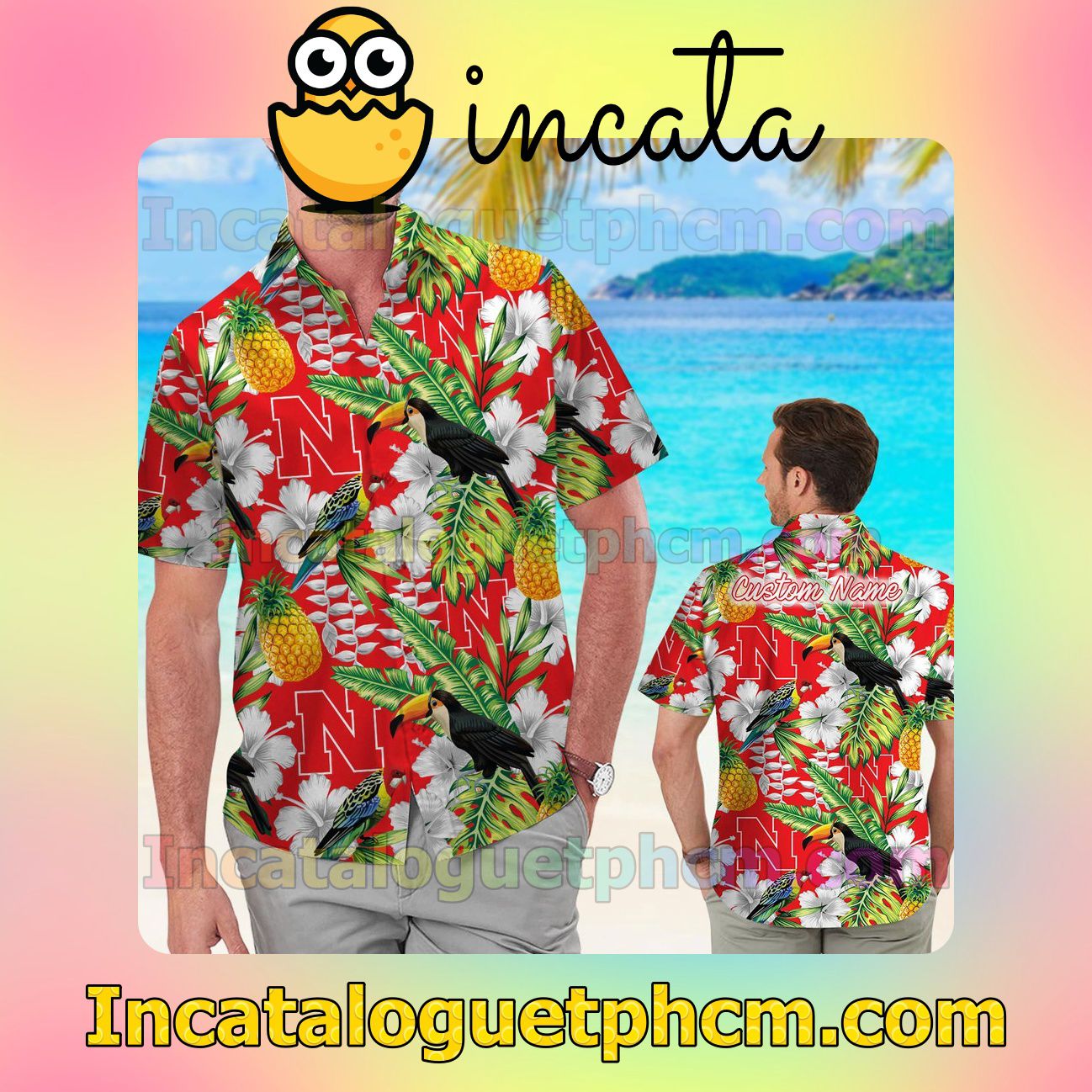 Personalized Nebraska Cornhuskers Parrot Floral Tropical Beach Vacation Shirt, Swim Shorts