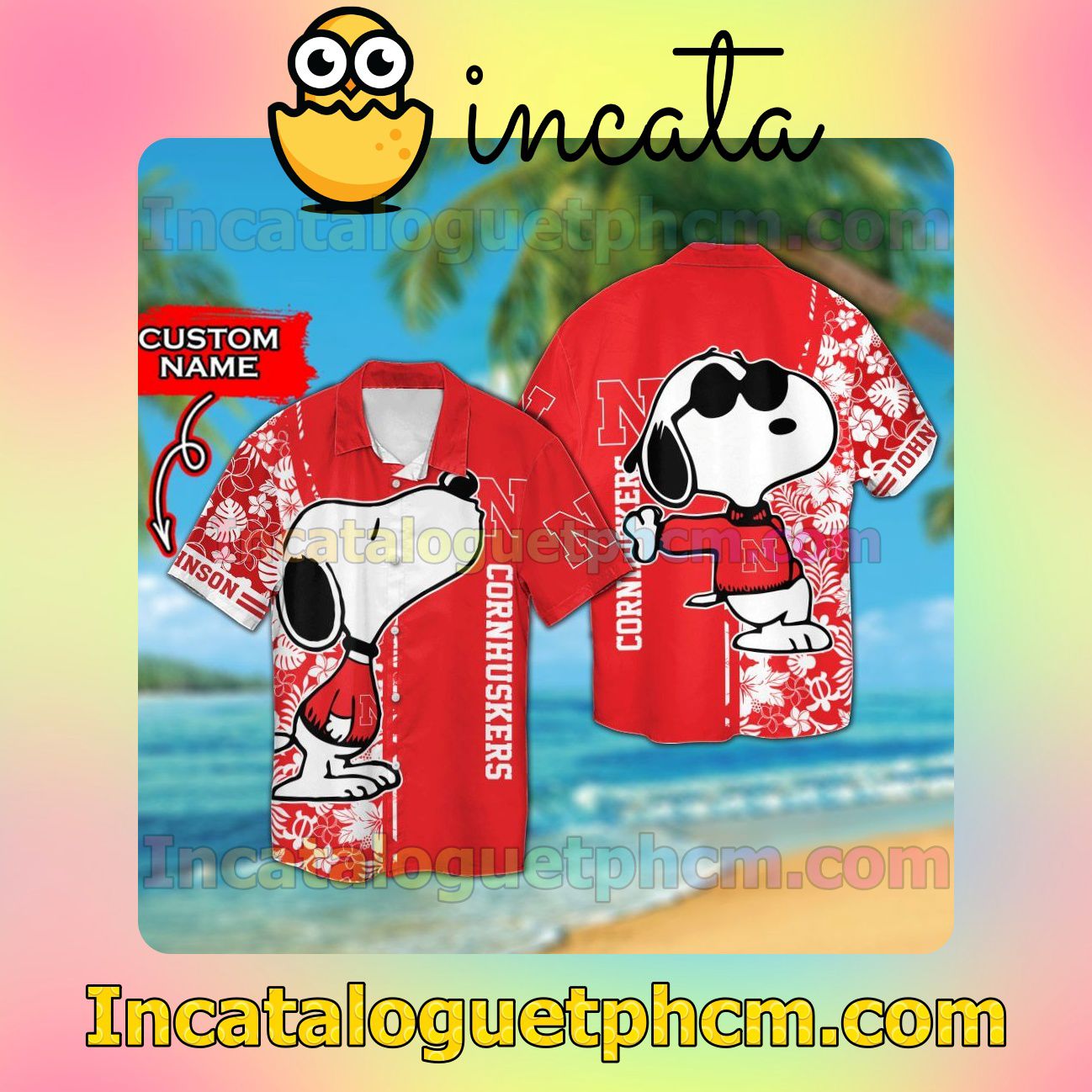 Personalized Nebraska Cornhuskers & Snoopy Beach Vacation Shirt, Swim Shorts