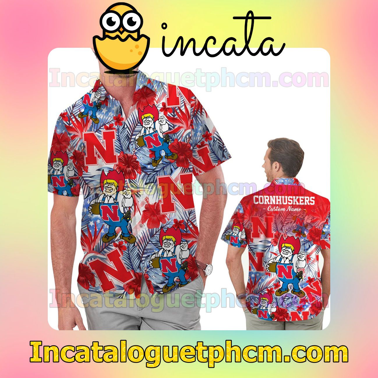 Personalized Nebraska Cornhuskers Tropical Floral America Flag For NCAA Football Lovers Beach Vacation Shirt, Swim Shorts