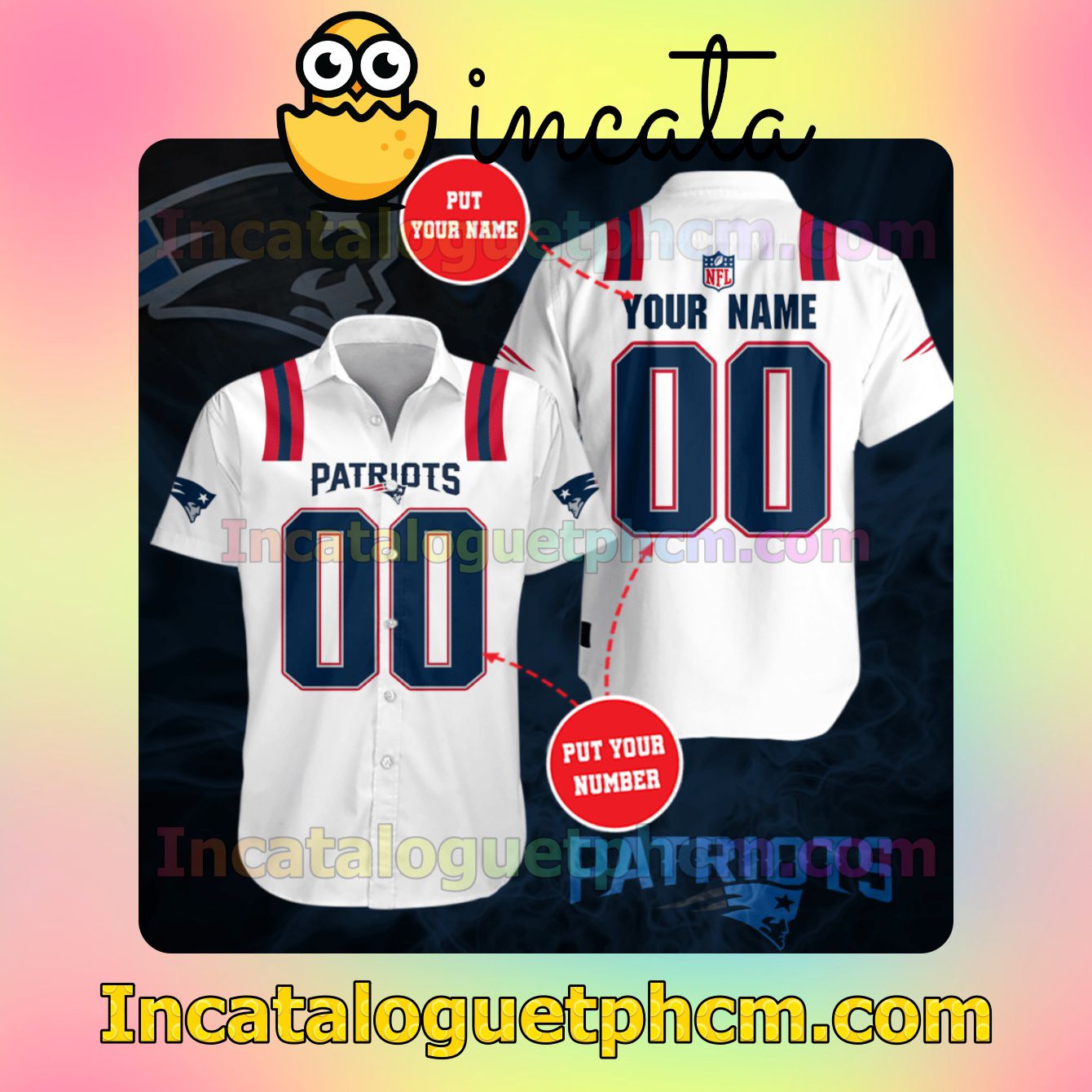 Personalized New England Patriots Football Team White Button Shirt And Swim Trunk