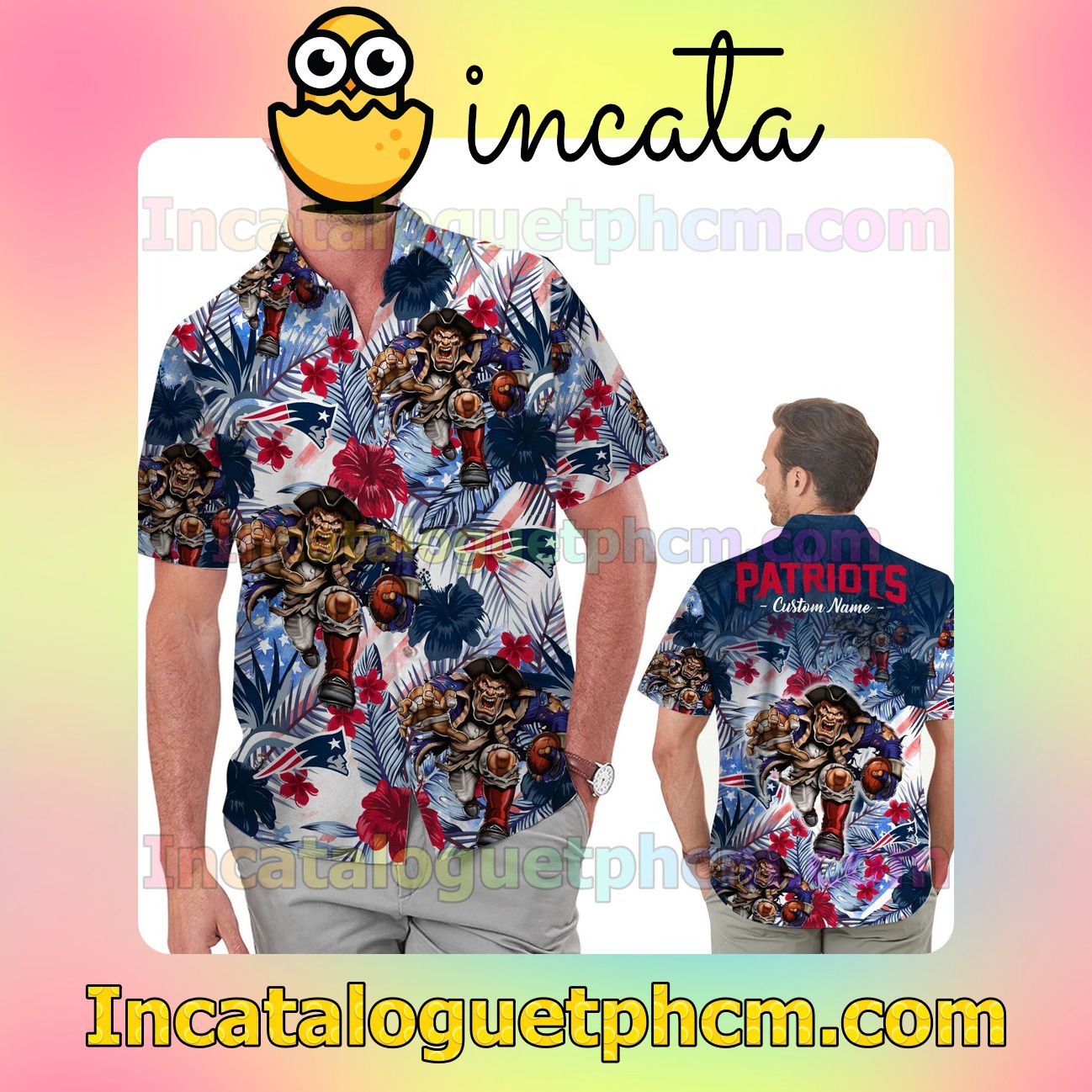 Personalized New England Patriots Tropical Floral America Flag Aloha Beach Vacation Shirt, Swim Shorts
