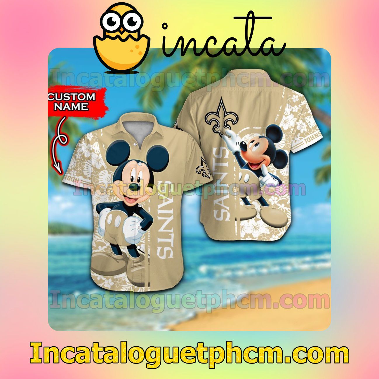 Personalized New Orleans Saints & Mickey Mouse Beach Vacation Shirt, Swim Shorts