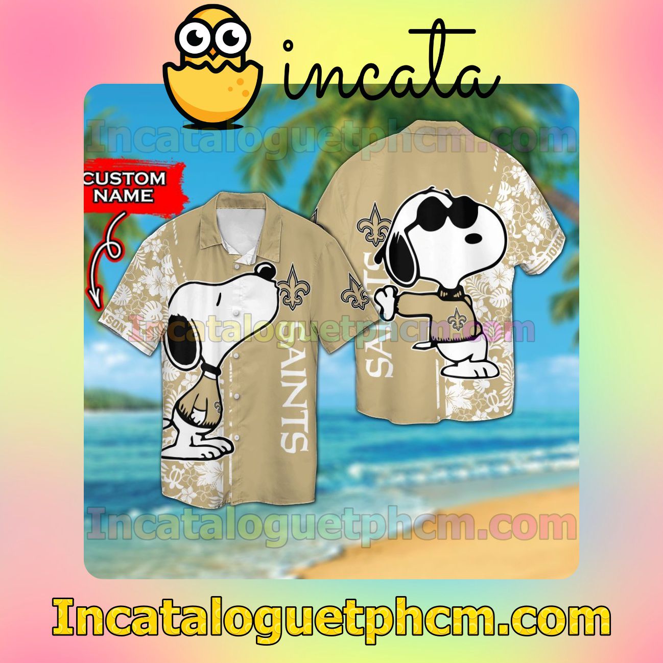 Personalized New Orleans Saints & Snoopy Beach Vacation Shirt, Swim Shorts