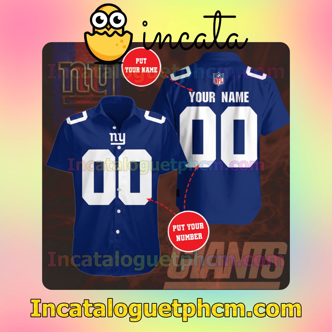 Personalized New York Giants Neon Blue Button Shirt And Swim Trunk
