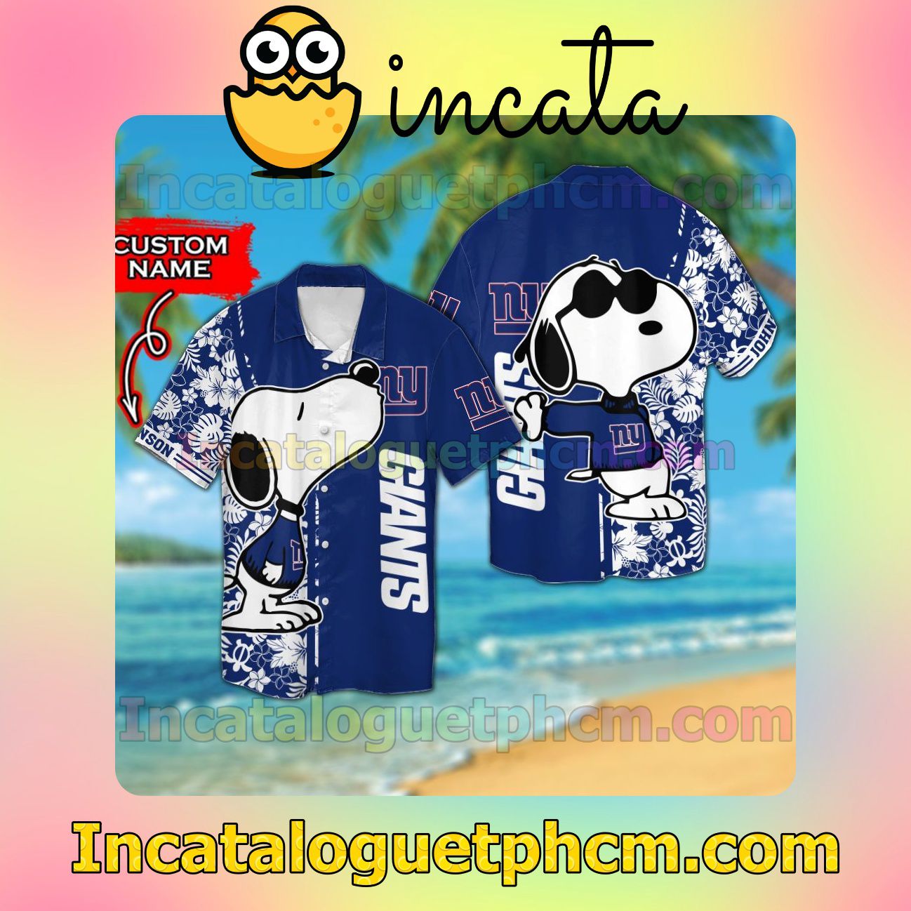 Personalized New York Giants & Snoopy Beach Vacation Shirt, Swim Shorts