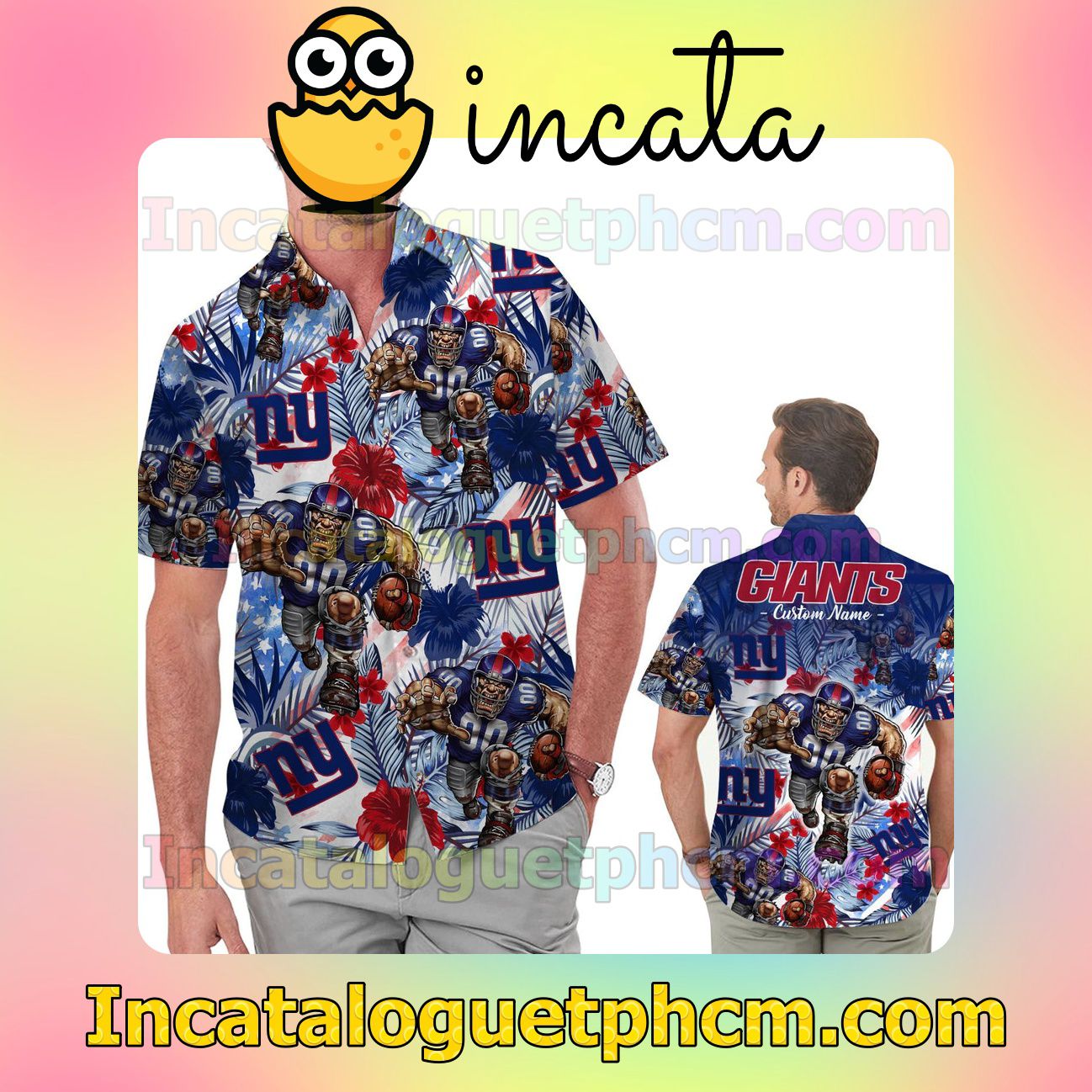 Personalized New York Giants Tropical Floral America Flag Aloha Beach Vacation Shirt, Swim Shorts