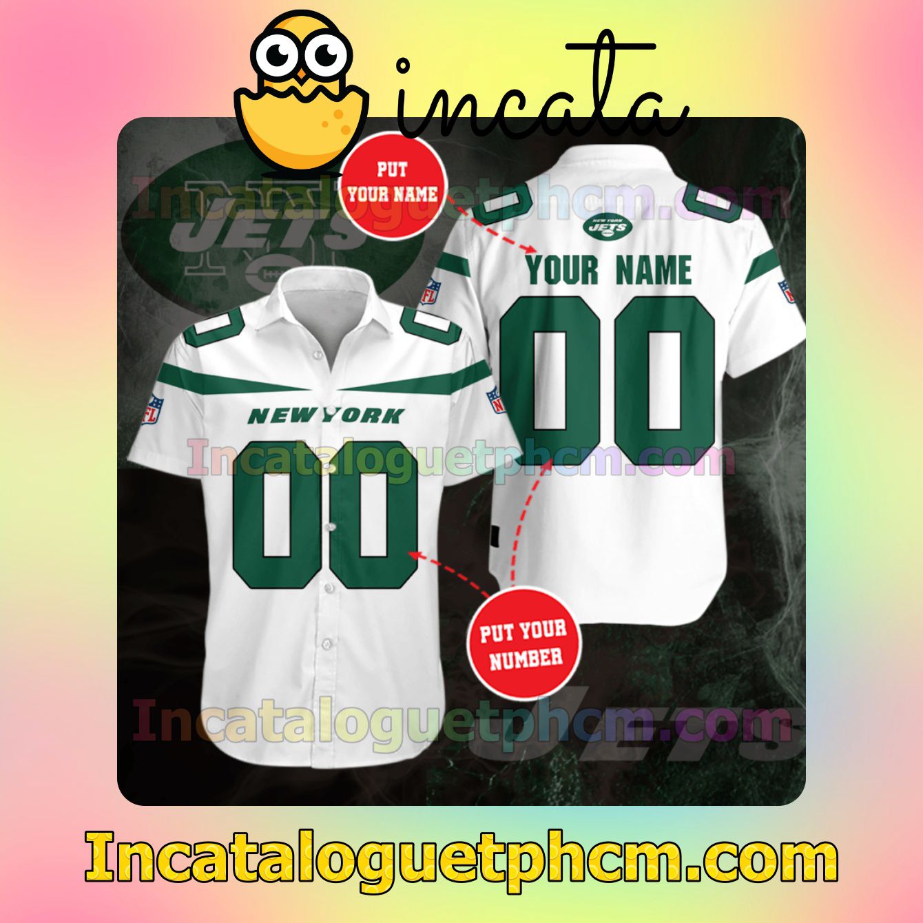 Personalized New York Jets Football Team White Button Shirt And Swim Trunk