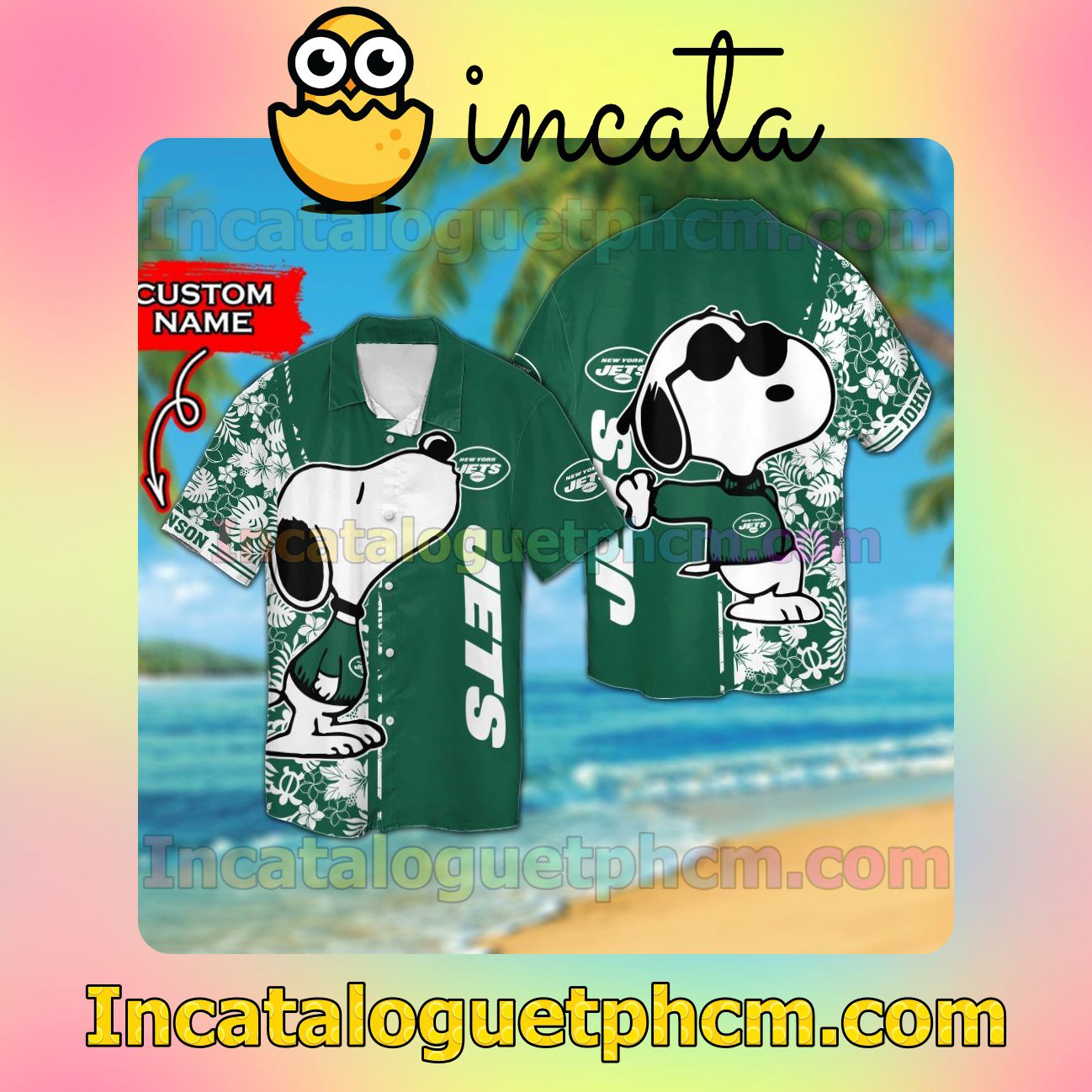 Personalized New York Jets & Snoopy Beach Vacation Shirt, Swim Shorts