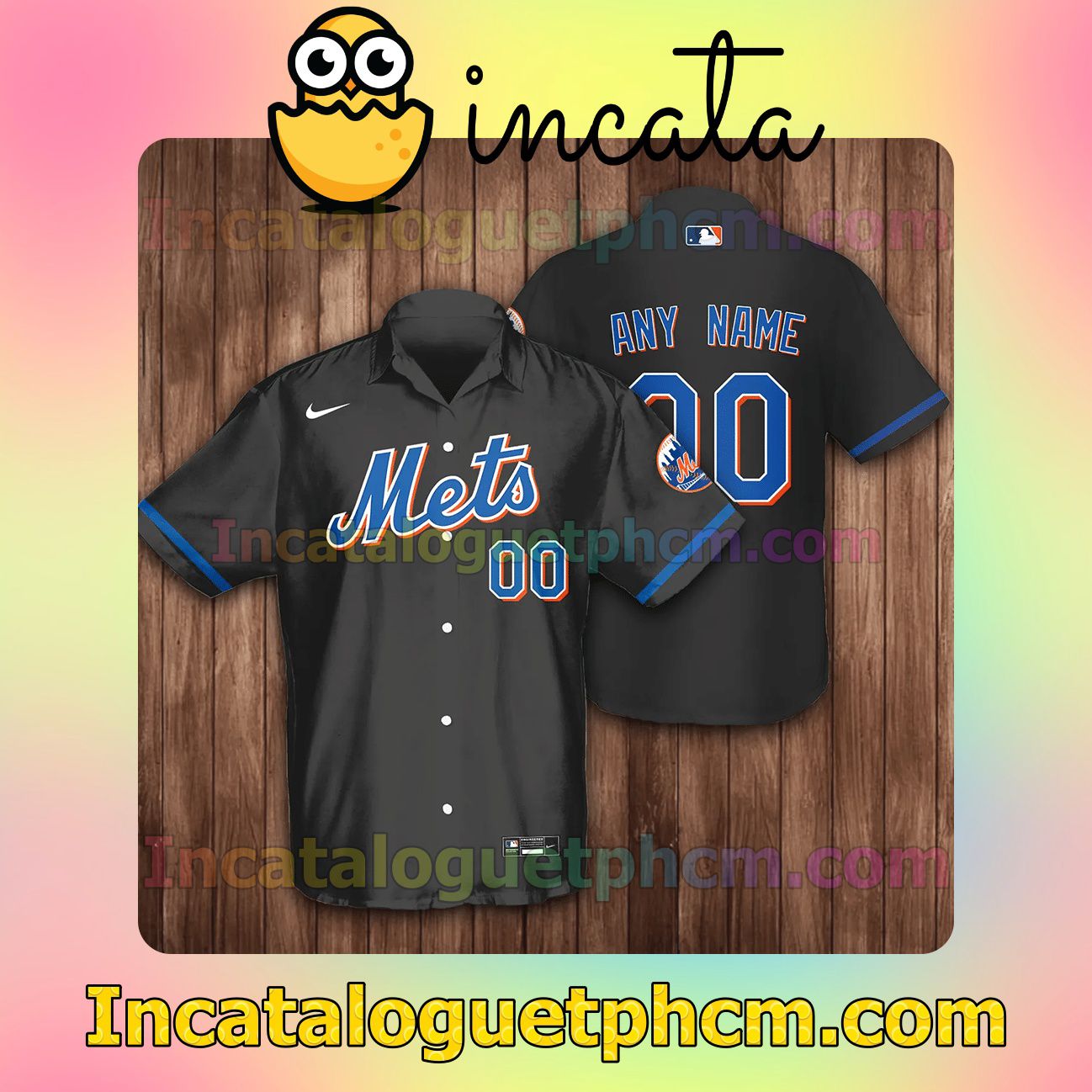 Personalized New York Mets Baseball Black Button Shirt And Swim Trunk