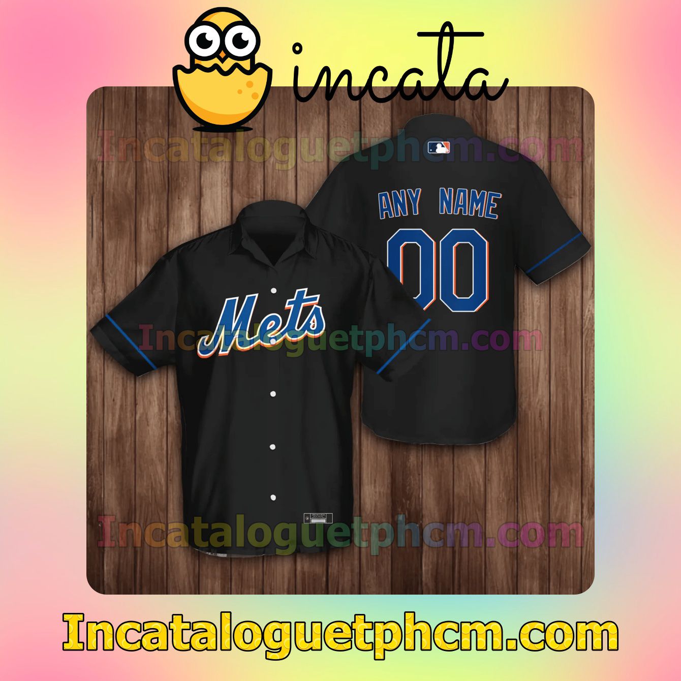 Personalized New York Mets Baseball Black Logo Branded Button Shirt And Swim Trunk