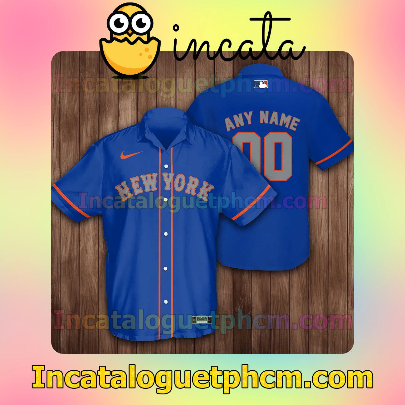 Personalized New York Mets Baseball Blue Button Shirt And Swim Trunk