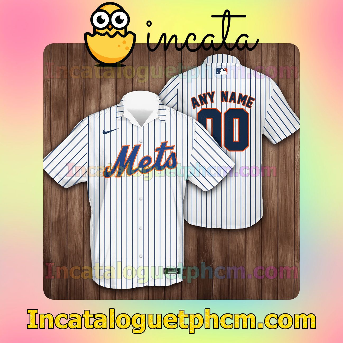 Personalized New York Mets Baseball Pinstripe Baseball White Button Shirt And Swim Trunk