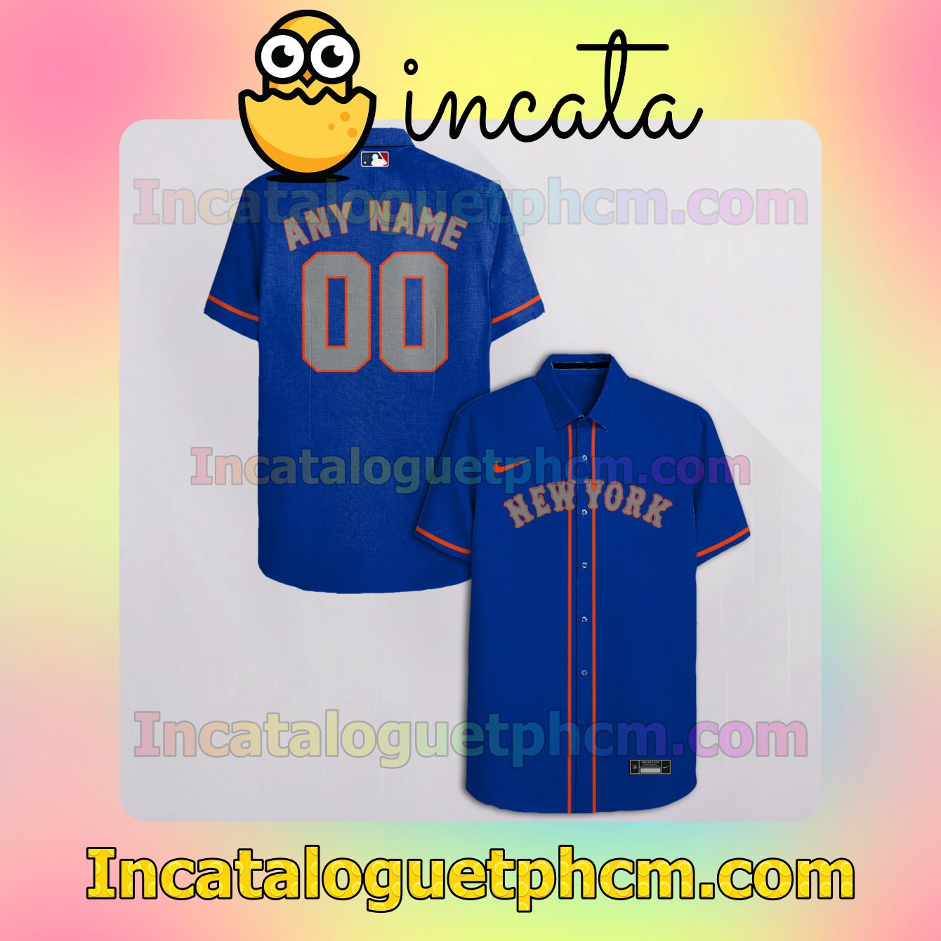 Personalized New York Mets Blue Button Shirt And Swim Trunk