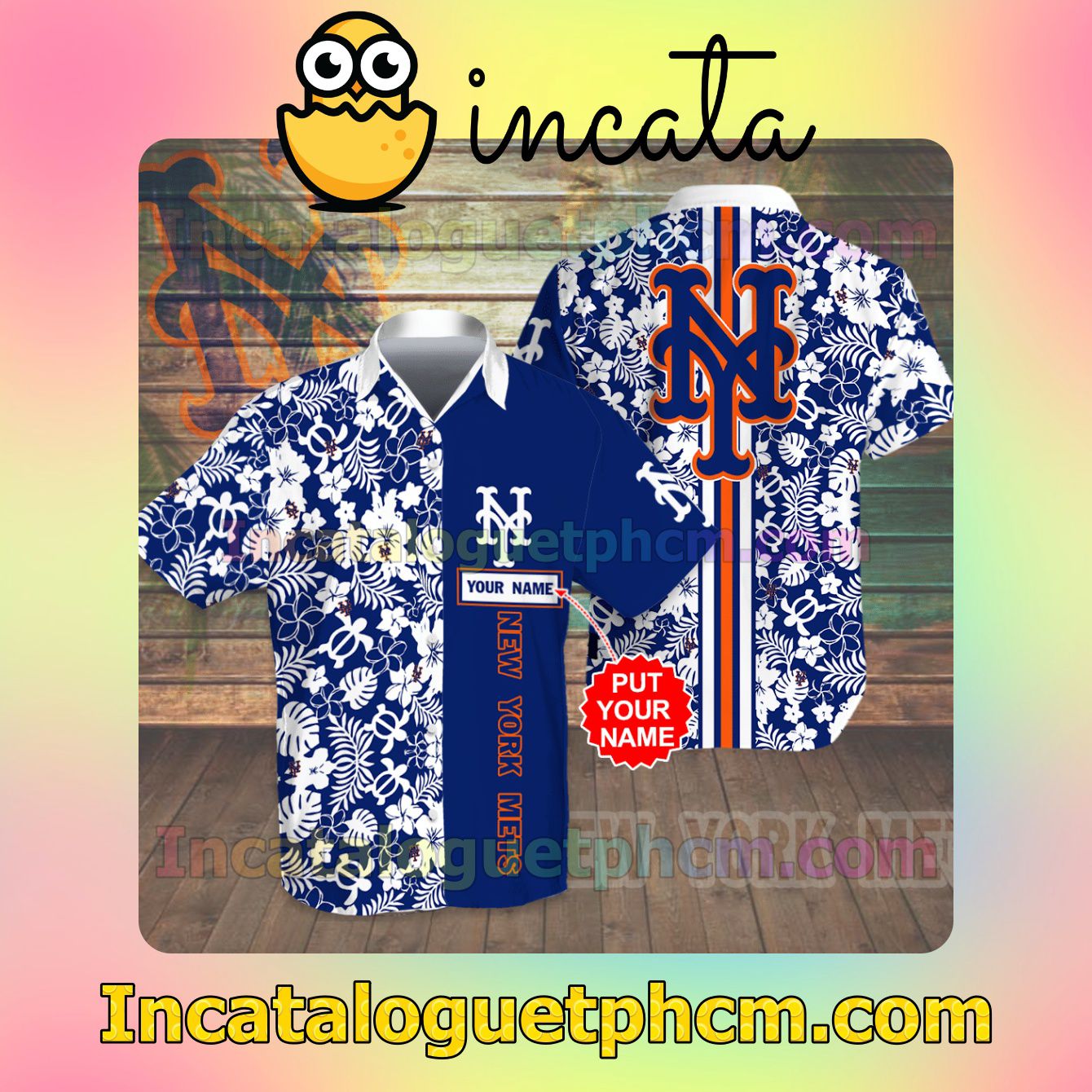 Personalized New York Mets Flowery Cobalt Button Shirt And Swim Trunk