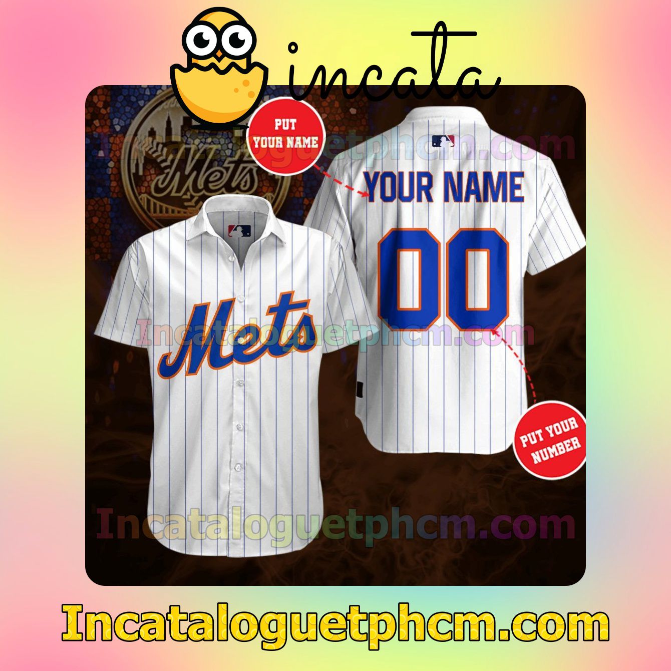 Personalized New York Mets Pinstripe White Button Shirt And Swim Trunk
