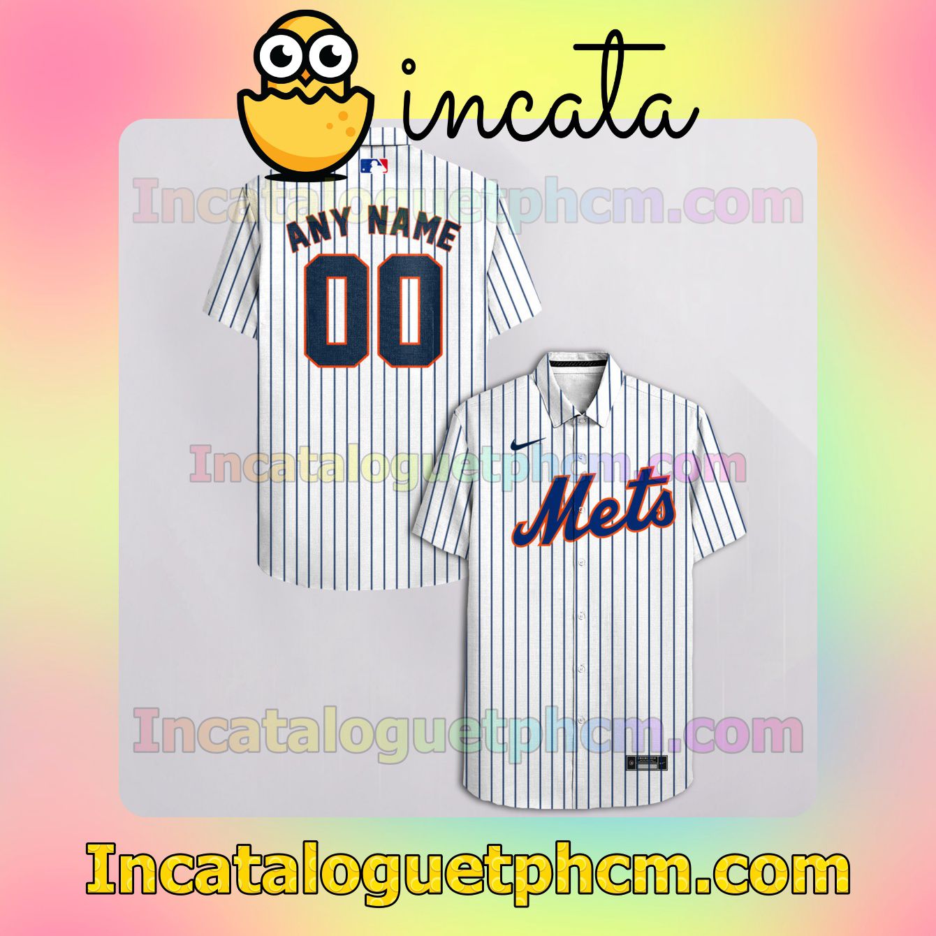 Personalized New York Mets White Button Shirt And Swim Trunk