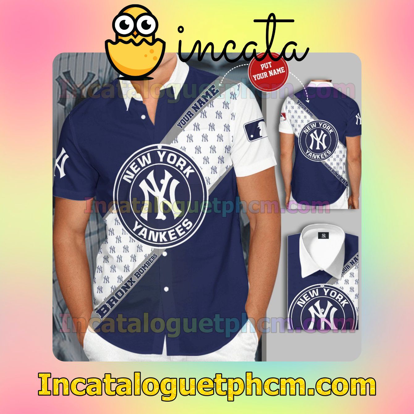 Personalized New York Yankees Baseball Team Blue Button Shirt And Swim Trunk
