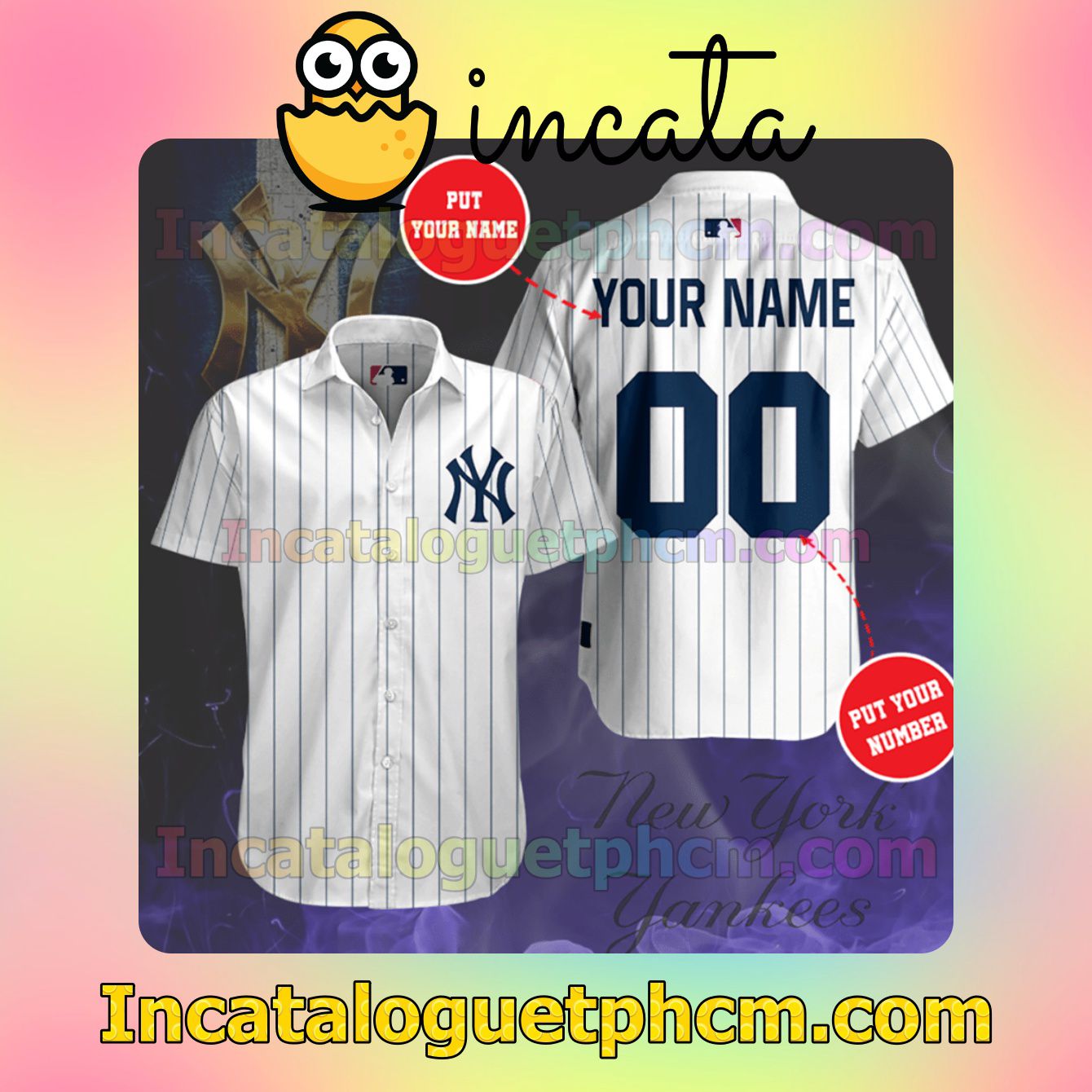 Personalized New York Yankees Baseball Team White Button Shirt And Swim Trunk