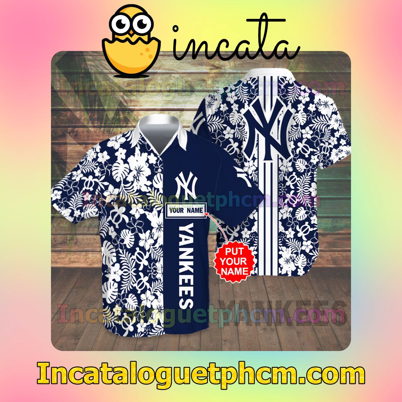 Personalized New York Yankees Flowery Navy Button Shirt And Swim Trunk