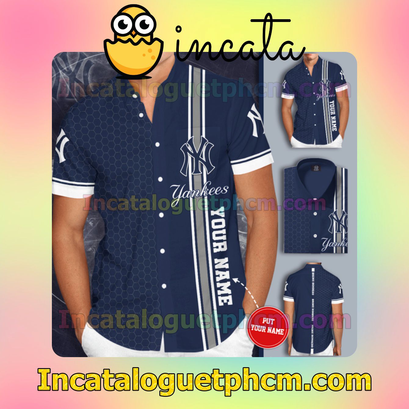 Personalized New York Yankees Navy Button Shirt And Swim Trunk