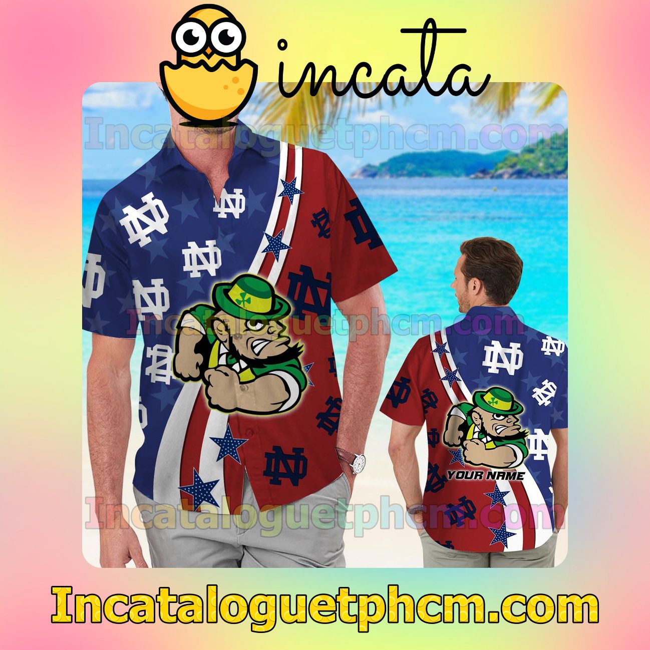 Personalized Notre Dame Fighting Irish American Flag Beach Vacation Shirt, Swim Shorts