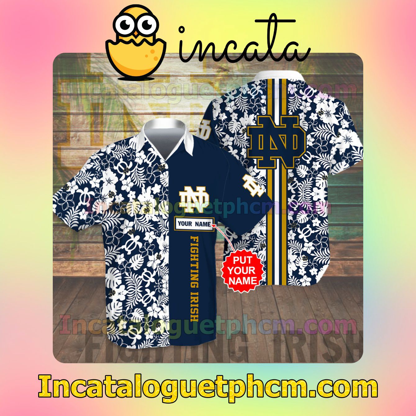 Personalized Notre Dame Fighting Irish Flowery Navy Button Shirt And Swim Trunk
