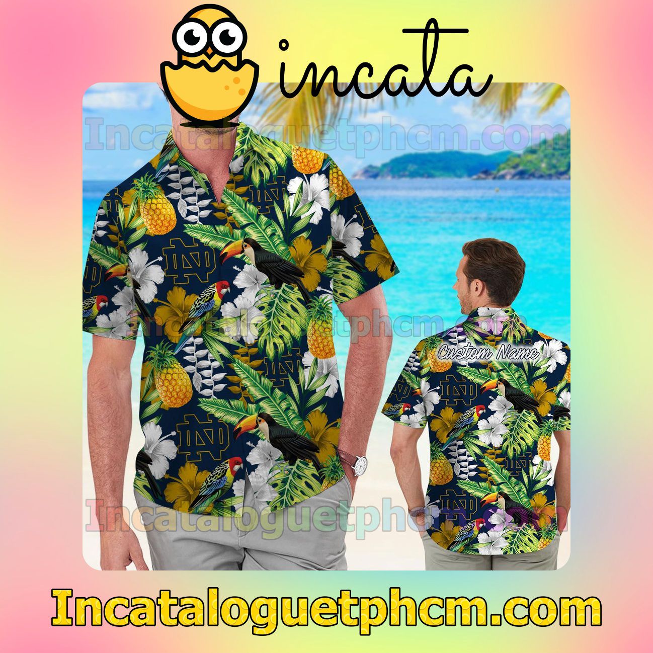 Personalized Notre Dame Fighting Irish Parrot Floral Tropical Beach Vacation Shirt, Swim Shorts